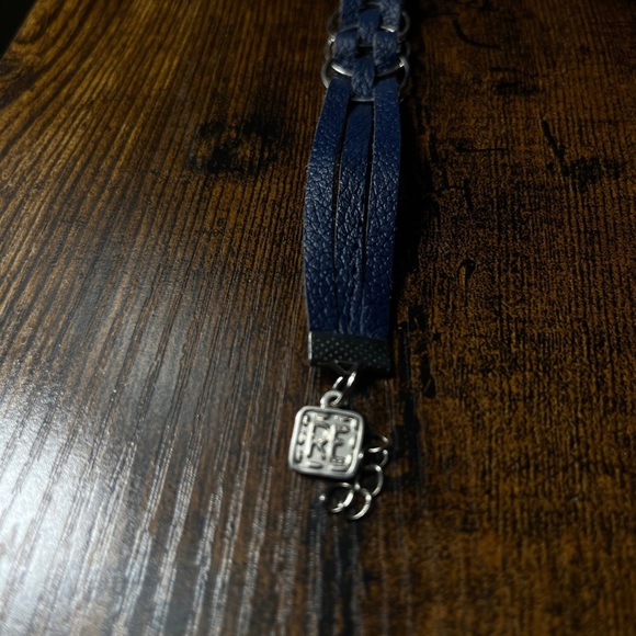 Braided Faux Leather Bracelet with Silver Tone Rings & Charm Adj 8.5” Navy Blue - Picture 2 of 4